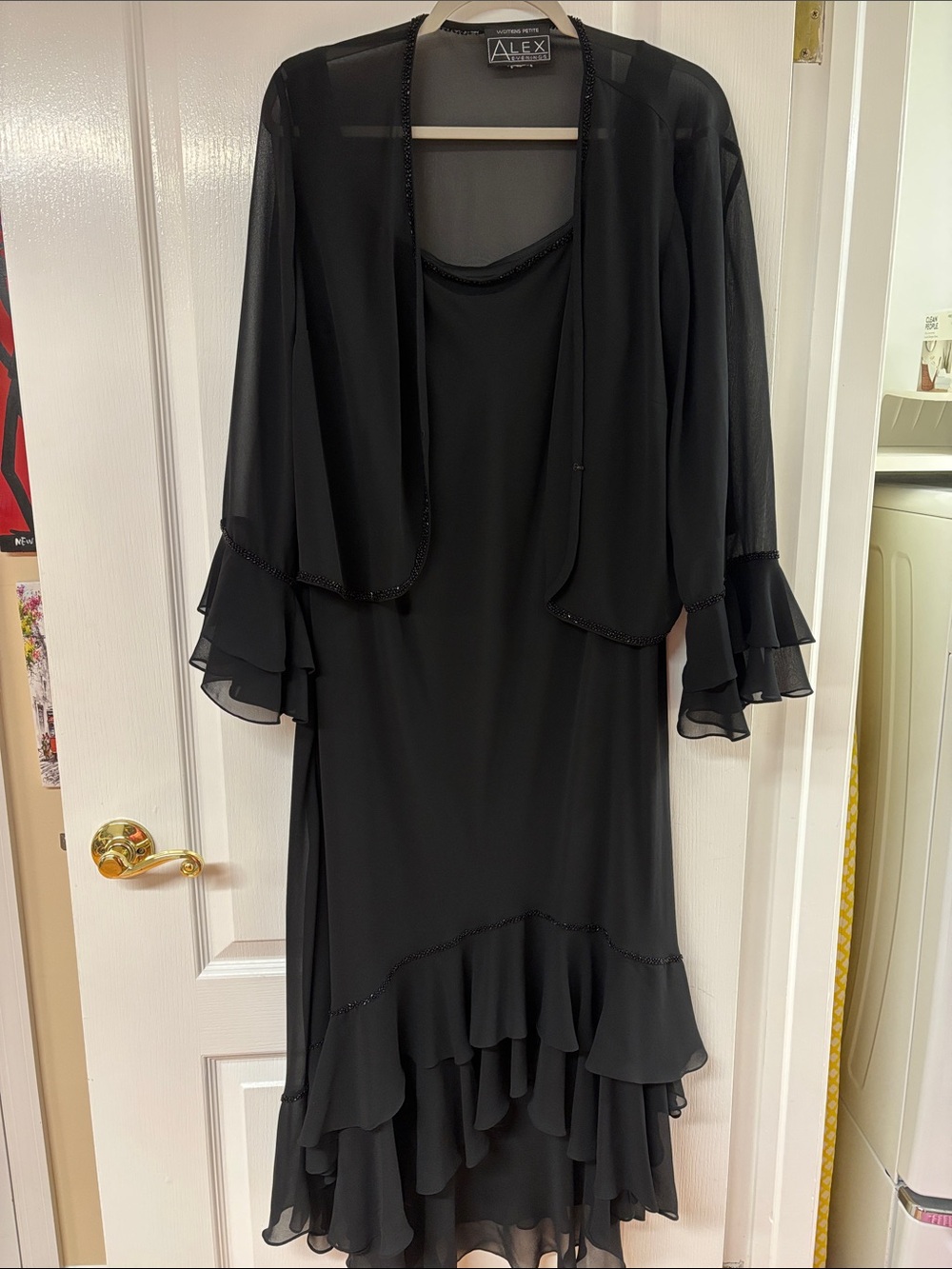 Alex Evenings Black High-Low Ruffle Evening Dress with Sheer Jacket